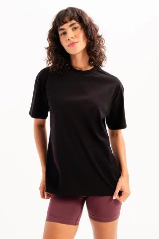 JUSTEVER Damen-T-Shirt aus 100 % Baumwolle, Oversize-Passform, Rundhalsausschnitt, Schwarz – Halo