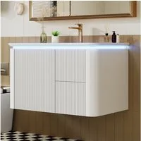 Merax Waschbeckenunterschrank Waschtischunterschrank hängend (1-St., Badezimmerschrank mit Keramik-Waschbecken) LED-Radar-Bewegungssensorleuchte, 3 Schubladen