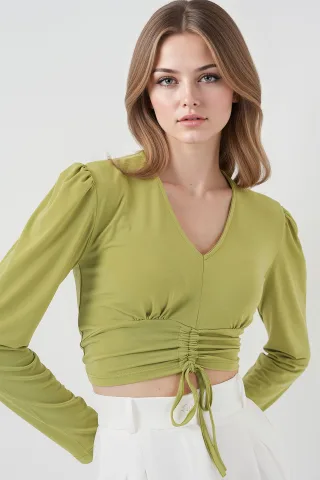 Strukturiertes V-Ausschnitt-Crop-Top mit Rüschendetail