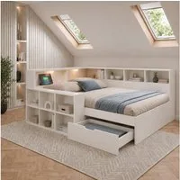 Flieks Holzbett, Kinderbett 90x200cm mit Stauraumregal, Schublade, Leselicht, Aufladen