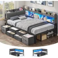 MSMASK Daybett Tagesbett Schlafsofa mit LED-Beleuchtung & Ladestation, Jugendbett mit 6 Staufächern und 6 Schubladen – Liegefläche 90x200 cm