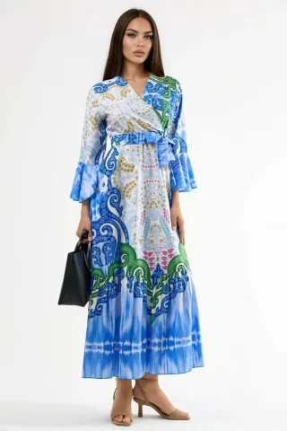 Rüschendes Paisley V-Ausschnitt Maxikleid