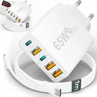 GreenHec USB Ladegerät + Kabel Charger Stecker Netzteil Adapter iPhone Schnelllade-Gerät (65 mA, Spar-Set, 65w Penta Charger + USB-C Kabel, Smasung Google Xiaomi 1m 2m 3m Mehrfach Adapter)