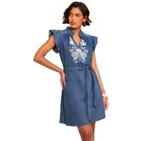Love & Roses Jeanskleid Love & Roses besticktes Minikleid mit Bindeband (1-tlg)