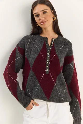 Strick-Pullover mit Rundhalsausschnitt und Knopfverschluss