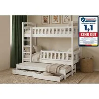 Kids Collective Etagenbett Hochbett Stockbett Kinderbett 90x200 cm mit Ausziehbett und Schubladen (Modell 2025, mit drei Matratzen inklusive), Umbaubar zu 3 Einzelbetten mit Lattenrosten & Rausfallschutz, weiß