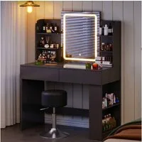 HOMALL Schminktisch mit Spiegel, LED-Beleuchtung, einstellbare Helligkeit, ostern (Langex Brete x Hthe) 90/110 x 40x 135 cm. B ofene Facher (2 seitiche Facher sind nach inks und rechts verschiebban. 2 groBe Schubladen)