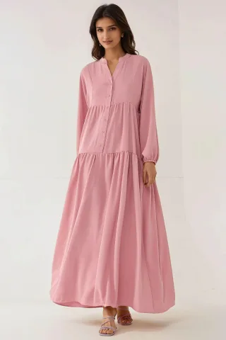 Strukturiertes V-Ausschnitt Maxikleid mit Knopfdetails