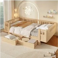 Flieks Massivholzbett, Kinderbett 90x200cm mit 2 Schubladen und Schutzgitter