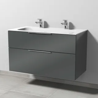 Sanipa 3way Keramik-Set Finion Keramik-Doppelwaschtisch und Unterbau mit 2 Auszügen, Anthrazit-Glanz UF40379