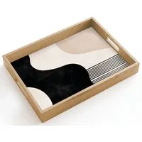 OnlyWow Tablett Rechteckig mit Henkel Abstrakt - Japandi - Beige - Modern, Eichenholz, (1-tlg), Siervierplatte, Tray, Frühstücksbrett