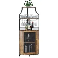 GarveeMore Eckschrank 5-stöckiges mit Glasständer und verstellbaren Regalen,47x32x154cm industrielles Eckschrank,Weinschrank mit Türen aus Metallgitter fürbar