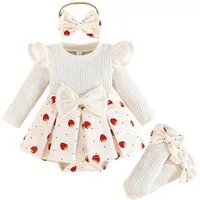 Lapastyle Strampler Baby Mädchen Strickkleid Set Erdbeer Muster mit Stirnband Strümpfen (Set, 3-tlg) Baby Festliches Outfit Set mit Rüschen Schleifen für Frühling Herbst