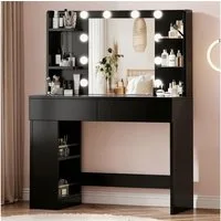 HOMALL Schminktisch mit Spiegel, LED-Beleuchtung, einstellbare Helligkeit, ostern (Langex Brete x Hthe) 90/110 x 40x 135 cm. B ofene Facher (2 seitiche Facher sind nach inks und rechts verschiebban. 2 groBe Schubladen)