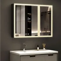 WDWRITTI Spiegelschrank mit beleuchtung 3Lichtmodi Dimmbar Badezimmerspiegelschrank LED 80x60 (Metall LED Wandschrank Hängeschrank Schwarz 2 türig, Speicherfunktion, Doppel Spiegel) Soft-Close-Funktion, IP44, mit Netzstecker