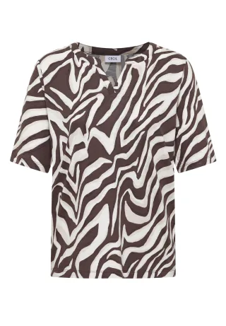 CECIL - T-Shirt mit Split Neck mit Print brown cacao - Gr. - XS