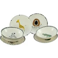 CreaTable Teller-Set Safari Bunt, Teller Set 8-tlg. (8-tlg), 4 Personen, Steinzeug, gezeichnete Tiermotive, skandinavischer Stil, Ethno-Style Motive