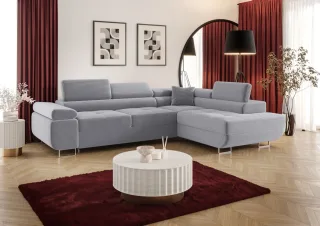 Ecksofa Schlafsofa Sofa MONARO Stoff Poso Graublau Ottomane Rechts