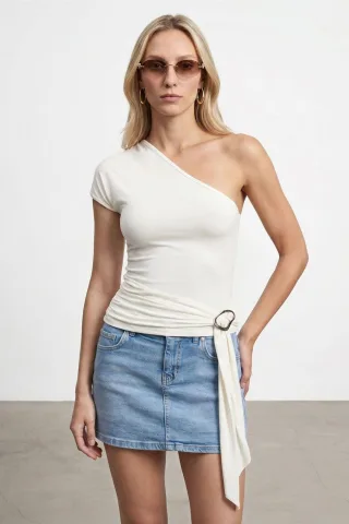 Slim Fit Carmenbluse aus Jersey mit Bindeband-Detail