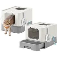FEANDREA Katzentoilette mit Deckel, mit Tablett, Schaufel und Bürste, Auslaufsicherer Boden, für Katzen bis 15 kg, 1er/2er Set