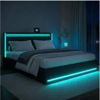 PXloue Polsterbett LED Doppelbett 140x200 cm (Inklusive USB-Typ-C-Ladeanschluss), Stauraumbett,mit Bettrahmen und 4 Schubladen,160x200cm,Leinen