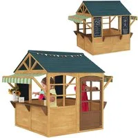 AIYAPLAY Spielhaus Holzspielhaus im Freien, faltbares Haus mit Fenstern, Tür, Regencapes, Gartenspielzeug für Kinder von 3–8 Jahren