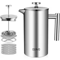 OZAVO Kaffeebereiter 5 Edelstahl-Filter Φ9.5cm, French Press Kanne 1L, Kaffeebereiter doppelwandig,Edelstahl
