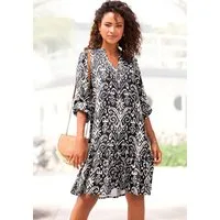 Vivance Longtunika mit Volant am Saum, lockeres Blusenkleid im Boho-Style, langarm Luftiges Strandkleid, Sommerkleid, Tunikkleid mit Ethnodruck, Festival