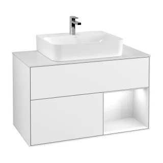 Villeroy und Boch Finion Waschtischunterschrank G121GFGF 100cm, Abdeckplatte white matt, Emotion, Regal rechts Glossy white lacquer, Glossy white lacquer