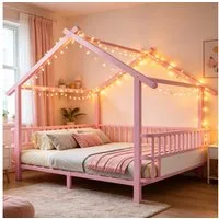 Flieks Kinderbett, Metallbett in Hausform 140x200cm mit Sicherheitsgitter und Lattenrost