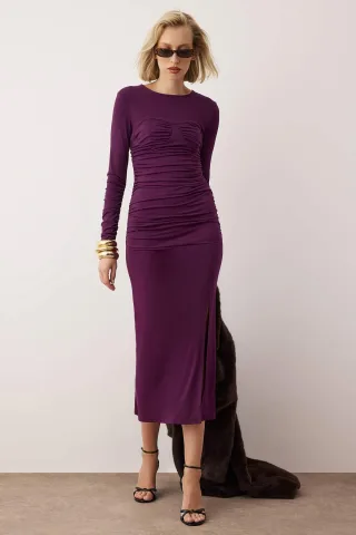 Lila Unifarbenes, mittellanges, elegantes/figurbetontes Kleid für Damen