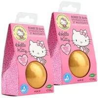 HF Home Flair Badekugel 2x Hello Kitty Badebombe - große Badekugel mit Überraschung, 2-tlg., goldene Badekugel - Pfirsichduft - Vegan - 170g