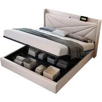 Flieks Polsterbett, Massivholz Stauraumbett mit USB/Typ-C Ladeanschluss 160x200cm Leinen