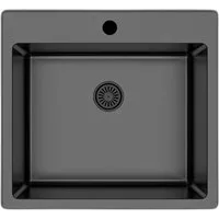 Faizee Möbel Edelstahlspüle Edelstahlspüle Schwarz 50,5x55+Armatur Spiral Schwarz Edelstahl Siphon, eckig