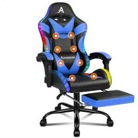 ALFORDSON Gaming-Stuhl Massagestuhl mit LED, ergonomischer Schreibtischstuhl mit 150° Neigung, Einziehbarer Fußstütze, PU-Leder, Höhenverstellbar, 180 kg Tragkraft