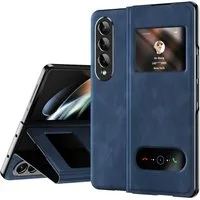 Wigento Handyhülle Für Samsung Galaxy Z Fold4 5G Window View Flip Cover Kunstleder Handy Tasche Hülle Etuis D-Blau