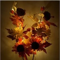Kunstzweig 2 Deko Zweige mit LED-Lichterkette und Timer - Herbstdeko mit Sonnenblumen, Chrysanthemen & Herbstlaub, Online-Fuchs, Leuchtzweige inklusive 6-Stunden Timerfunktion
