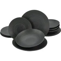 CreaTable Tafelservice Teller Set, Geschirr-Set Lava Stone (12-tlg), 4 Personen, Steinzeug, Service, schwarz, Reliefdekor, Made in Europe, 12 Teile für 4 Personen