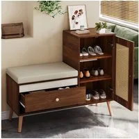 REDOM Schuhschrank Flurbank 95,5x80,5x35 cm mit Rattan-Design (Packung, 1-St., Inkl. Sitzkissen, Schubladen & Stauraumfach) Praktische offene Fächer für Schuhe & Accessoires