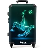 NoBoringSuitcases.com© Kinderkoffer mit leuchtende Räder - Silhouette eines Fußballspielers in Grün und Bl, 4 Rollen, Reisekoffer mit Rollen Mittelgroßer für 20kg, Jungenkoffer