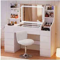 Furnicopia Schminktisch Großer Schminktisch mit LED-Beleuchtung, dimmbar, mit viel Stauraum (Maße: 135 × 40 × 137 cm, Arbeitsplatte aus gehärtetem Glas, mit 7 offenen Ablagefächern + 9 Schubladen, 2 Steckdosen + 1 USB-Anschluss + 1 Typ-C-Anschluss, H