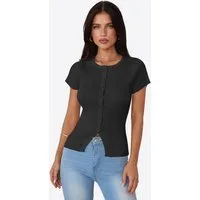 Imily Bela Kurzarmshirt Damen geripptes Strickoberteil Rundhals Knopfleiste Basic Top (Packung, 1-tlg., 1per-Pack) mit geschlitzter Saum in Unifarbe