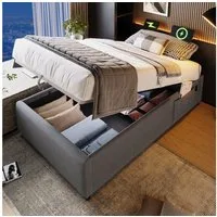 Flieks Polsterbett, Hydraulisches Einzelbett 90x200cm mit Aufladenfunktion ohne Kopfteil
