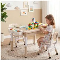 TLGREEN Kindertisch 3-teiliges Kindertisch Set mit 2 Stühlen (höhenverstellbarer Aktivitätstisch mit wendbarer Tischplatte, Bausteintisch kompatibel mit Klemmbausteinen & Whiteboard), viel Stauraum, Kindersitzgruppe Spieltisch für Kinderzimmer Kita