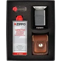 Zippo Feuerzeug Geschenkset inkl. ZIPPO Ledertasche inkl. Benzin und Feuersteinen, Echtleder Tasche von Zippo mit Schlaufe in schwarz oder braun