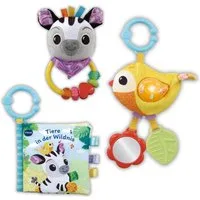 Vtech® Greifspielzeug Vtech Baby, Babys Tierfreunde-Geschenkset (Set, bestehend aus Greifling, Stoffbüchlein und Rassel), aus recyceltem Material