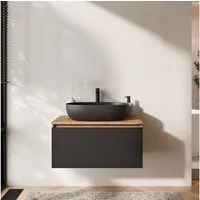 Planetmöbel Waschtisch-Set ARISA Waschtisch 80 cm mit Waschbecken 60 cm, (Waschtischunterschrank hängend für Gäste WC & Bad, schwarz, Badmöbel Set mit Waschbecken 60 cm schwarz), Schublade mit Soft-Close Funktion