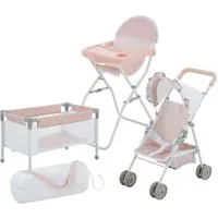 TEAMSON™ KIDS    Puppen Pflegecenter 3-tlg Baby-Set Bett Hochstuhl et Kinderwagen Rosa Grau
