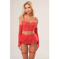 Orchibelle Set: Bügel-BH Mehrteiliges Dessous-Set – Reizwäsche mit Ketten und Rückenschnürung (Set, 6-tlg., BH, Tanga, Minirock, 2 Armstulpen, 2 Beinbänder, Nackenband) Sexy Lingerie-Set – sinnliche Unterwäsche für besondere Momente