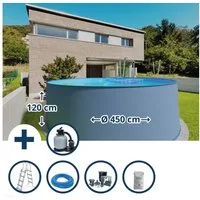 Waterman Rundpool Stahlwandpool Set (7-teilig) hoch rund 450 x 120 c (Komplett-Set, 1-tlg), verzinkte Stahlwand